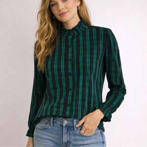 Vineyard Vines Women's Plaid Long Sleeve Poplin Shirt Ruffle Navy/Green Size 2